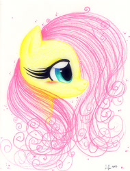 Size: 574x756 | Tagged: safe, artist:prettypinkpony, character:fluttershy, species:pegasus, species:pony, beautiful, blushing, bust, colored pencil drawing, cute, dawwww, eyelashes, female, mare, portrait, profile, shyabetes, simple background, smiling, solo, swirls, traditional art, white background