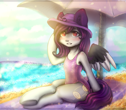 Size: 2300x2000 | Tagged: safe, artist:zefirka, oc, oc:cinnamon twist, species:pegasus, species:pony, beach, clothing, cute, hat, looking at you, ocbetes, ocean, one-piece swimsuit, sitting, sky, solo, spread wings, sun hat, swimsuit, three quarter view, wings