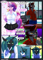 Size: 1476x2084 | Tagged: safe, artist:theneithervoid, character:king sombra, character:princess cadance, character:queen chrysalis, species:anthro, comic:eager to learn, bedroom eyes, cellphone, clothing, comic, magic, phone, school, stockings, student, thigh highs, uniform