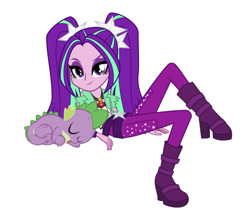 Size: 750x661 | Tagged: safe, artist:mit-boy, edit, editor:undeadponysoldier, character:aria blaze, character:spike, species:dragon, my little pony:equestria girls, ariaspike, disguise, disguised siren, female, looking at you, lying down, male, pigtails, shipping, simple background, sleeping, smug, spikelove, straight, vector, vector edit, white background