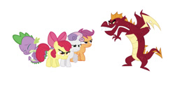 Size: 750x371 | Tagged: safe, artist:ex-machinart, artist:iamcommando13, artist:itsmeevo, artist:shipwright, artist:silentmatten, edit, editor:undeadponysoldier, character:apple bloom, character:garble, character:scootaloo, character:spike, character:sweetie belle, species:dragon, species:earth pony, species:pegasus, species:pony, species:unicorn, angry, crying, cutie mark crusaders, female, filly, protecting, reupload, simple background, spike justice warriors, spikelove, white background