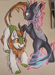 Size: 1591x2153 | Tagged: safe, artist:gleamydreams, character:autumn blaze, species:kirin, balance, cloven hooves, female, golden eyes, jumping, light and dark, mare, moon and ocean, nirik, open mouth, push and pull, raised hoof, simple background, smiling, traditional art, yin-yang