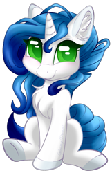 Size: 719x1111 | Tagged: safe, artist:gleamydreams, oc, oc:gleamy, species:pony, species:unicorn, blue hair, blushing, curly hair, cute, digital art, female, freckles, looking at you, mare, sitting, smiling, solo