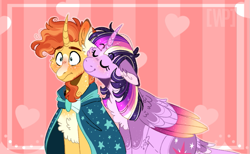 Size: 773x477 | Tagged: safe, artist:wanderingpegasus, character:sunburst, character:twilight sparkle, character:twilight sparkle (alicorn), species:alicorn, species:pony, species:unicorn, ship:twiburst, blushing, female, kiss on the cheek, kissing, male, shipping, straight