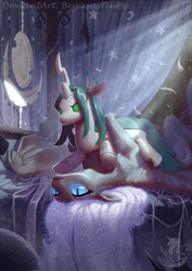 Size: 1240x1753 | Tagged: safe, artist:begasus, character:nightmare moon, character:princess luna, character:queen chrysalis, species:alicorn, species:pony, ship:chrysmoon, bed, cute, female, implied chrysmoon, implied lesbian, looking at you, mare, moonabetes, nicemare moon, pillow, plushie, shipping, signature, solo