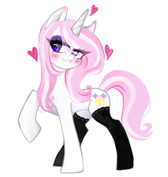 Size: 636x673 | Tagged: safe, artist:techycutie, character:fleur-de-lis, species:pony, species:unicorn, adorasexy, beautiful, beautisexy, bedroom eyes, blushing, clothing, cute, eyeshadow, female, fleurabetes, heart, lip bite, makeup, mare, raised hoof, sexy, simple background, socks, solo, stockings, thigh highs, white background