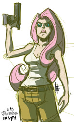 Size: 400x658 | Tagged: safe, artist:theartrix, character:fluttershy, species:human, badass, clothing, female, flutterbadass, gun, humanized, scowl, solo, weapon