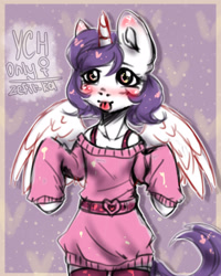 Size: 2000x2500 | Tagged: safe, artist:zefirka, species:alicorn, species:pony, advertisement, auction, belt, bra strap, clothing, commission, female, horn, mare, semi-anthro, socks, solo, sweater, tongue out, wings, ych example, your character here