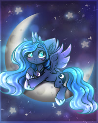 Size: 2000x2500 | Tagged: safe, artist:zefirka, character:princess luna, species:alicorn, species:pony, crescent moon, cute, ear fluff, female, looking up, lunabetes, mare, moon, night, no pupils, prone, smiling, solo, spread wings, stars, tangible heavenly object, wings