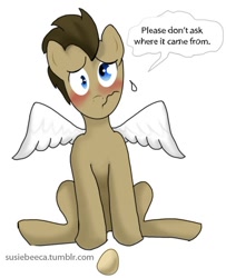 Size: 500x617 | Tagged: safe, artist:susiebeeca, character:doctor whooves, character:time turner, 30 minute art challenge, blushing, egg, magical gay spawn, wings