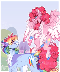 Size: 768x911 | Tagged: safe, artist:wanderingpegasus, character:pinkie pie, character:rainbow dash, species:pony, ship:pinkiedash, chest fluff, ear fluff, female, fluffy, happy, lesbian, looking at each other, mare, pale belly, race swap, shipping, smiling, wing fluff