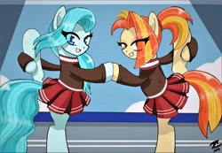 Size: 12400x8600 | Tagged: safe, artist:brekrofmadness, character:lighthoof, character:shimmy shake, species:pony, episode:2-4-6 greaaat, absurd resolution, cheerleader, clothing, cute, flexible, grin, looking at you, miniskirt, pleated skirt, ponytail, skirt, skirt lift, smiling