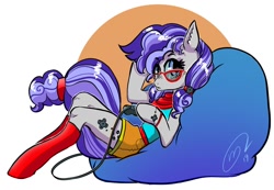 Size: 1024x708 | Tagged: safe, artist:opalacorn, oc, oc only, oc:cinnabyte, species:anthro, species:pony, species:unguligrade anthro, adorkable, anthro oc, arm hooves, bandana, beanbag chair, clothing, controller, cute, dork, female, gamer, glasses, hoof hold, mare, simple background, socks, white background
