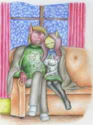 Size: 2374x3199 | Tagged: safe, artist:sinaherib, character:big mcintosh, character:fluttershy, species:anthro, ship:fluttermac, clothing, couch, cuddling, female, male, shipping, snow, straight, sweater, traditional art