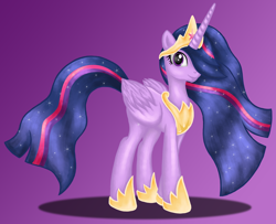 Size: 3462x2816 | Tagged: safe, artist:deannaphantom13, character:twilight sparkle, character:twilight sparkle (alicorn), species:alicorn, species:pony, episode:the last problem, g4, my little pony: friendship is magic, ethereal mane, female, galaxy mane, high res, mare, older, older twilight, princess twilight 2.0, purple background, simple background, smiling, solo