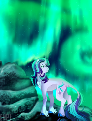 Size: 768x1012 | Tagged: safe, artist:wanderingpegasus, character:starlight glimmer, species:classical unicorn, species:pony, species:unicorn, aurora borealis, chest fluff, cloven hooves, curved horn, female, horn, leonine tail, looking back, mare, solo, unshorn fetlocks