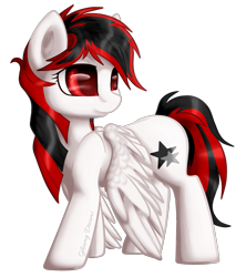 Size: 1545x1737 | Tagged: safe, artist:gleamydreams, oc, oc:starlet, species:pegasus, species:pony, female, looking away, mare, not blackjack, red and black oc, red eyes, solo, spread wings, wings, wings down