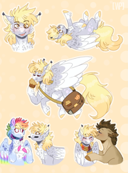Size: 981x1324 | Tagged: safe, artist:wanderingpegasus, character:derpy hooves, character:doctor whooves, character:rainbow dash, character:time turner, species:earth pony, species:pegasus, species:pony, ship:doctorderpy, abstract background, blushing, chest fluff, clothing, cute, dashabetes, derpabetes, female, food, happy, mailbag, male, mare, mouth hold, muffin, scarf, shipping, smiling, stallion, straight, tongue out
