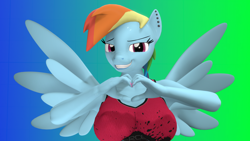 Size: 1920x1080 | Tagged: safe, artist:trailssfm, character:rainbow dash, species:anthro, 3d, breasts, busty rainbow dash, clothing, ear piercing, female, gradient background, heart hands, looking at you, piercing, smiling, solo, source filmmaker