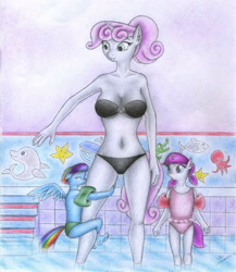 Size: 2462x2831 | Tagged: safe, artist:sinaherib, character:sweetie belle, oc, oc:amber earring, oc:rainfall, parent:fancypants, parent:rainbow dash, parent:rarity, parent:soarin', parents:raripants, parents:soarindash, species:anthro, bikini, breasts, busty sweetie belle, clothing, female, male, offspring, older, one-piece swimsuit, swimsuit, traditional art