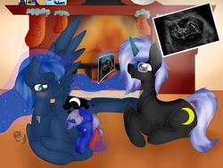 Size: 4000x3000 | Tagged: safe, artist:littledreamycat, character:princess luna, oc, oc:lumen, oc:moonlight, oc:night shadow, parent:oc:night shadow, parent:princess luna, parents:canon x oc, species:alicorn, species:pony, species:unicorn, blanket, blushing, christmas, christmas stocking, colt, ethereal mane, female, fetus, fire, fireplace, glasses, glowing horn, holiday, horn, lunadow, magic, male, mare, offspring, parents:lunadow, photo, picture frame, pregnant, sparkly mane, stallion, ultrasound, watermark
