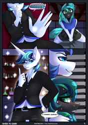 Size: 2066x2918 | Tagged: safe, artist:theneithervoid, character:queen chrysalis, character:shining armor, species:anthro, comic:eager to learn, blushing, clothing, comic, cuckold, cuckolding, highschool, looking up, shhh, socks, spying, sweat, thigh highs, uniform