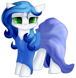 Size: 884x904 | Tagged: safe, artist:gleamydreams, oc, oc:gleamy, species:pony, species:unicorn, blue hair, blushing, clothing, dress, female, green eyes, looking at you, mare, smiling, solo