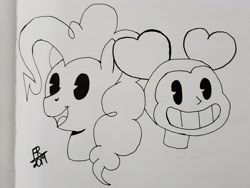 Size: 4032x3024 | Tagged: safe, artist:feralroku, character:pinkie pie, species:pony, crossover, monochrome, open mouth, smiling, spinel (steven universe), steven universe, steven universe: the movie, traditional art