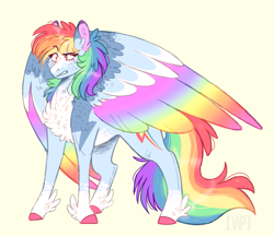 Size: 1023x884 | Tagged: safe, artist:wanderingpegasus, character:rainbow dash, species:pegasus, species:pony, colored hooves, colored wings, confused, female, multicolored wings, pale belly, rainbow wings, simple background, solo, wings