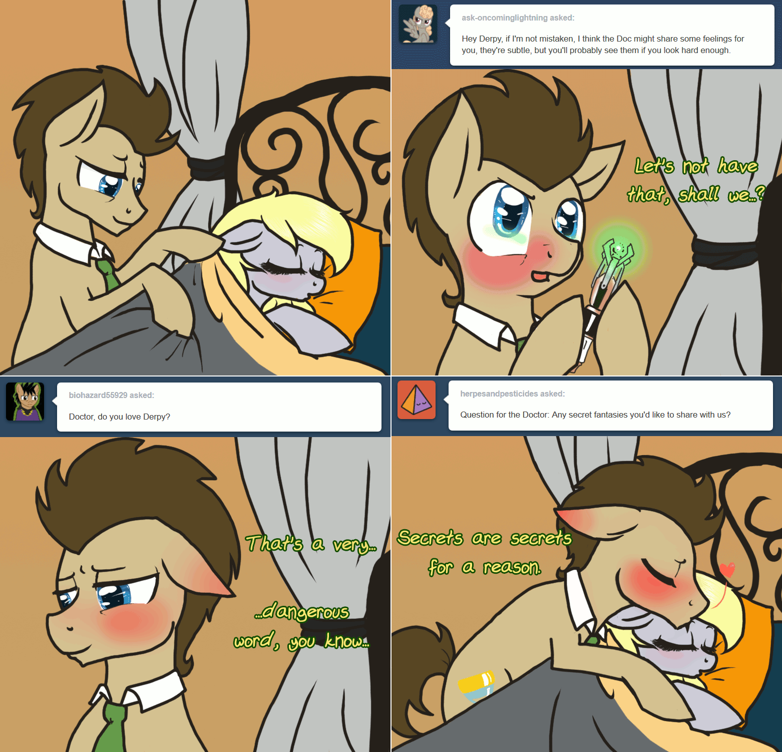 Size: 1562x1502 | Tagged: safe, artist:naomiknight17, character:derpy hooves, character:doctor whooves, character:time turner, species:earth pony, species:pegasus, species:pony, lovestruck derpy, ship:doctorderpy, animated, ask, blushing, blushing profusely, crossover, doctor who, female, floppy ears, gif, male, mare, shipping, sonic screwdriver, stallion, straight, the doctor, tumblr