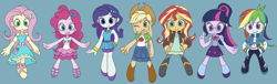 Size: 10744x3264 | Tagged: safe, artist:haibaratomoe, edit, character:applejack, character:fluttershy, character:pinkie pie, character:rainbow dash, character:rarity, character:sunset shimmer, character:twilight sparkle, character:twilight sparkle (scitwi), species:eqg human, g4, my little pony: equestria girls, my little pony:equestria girls, absurd resolution, applejack's hat, blue background, blushing, boots, chibi, clothing, cowboy hat, cute, denim skirt, diapinkes, digital art, dress, female, freckles, geode of telekinesis, glasses, hat, humane five, humane seven, humane six, jackabetes, looking at you, magical geodes, miniskirt, moe, one eye closed, open mouth, ponytail, sandals, shoes, simple background, skirt, smiling, socks, stetson, twiabetes, wink