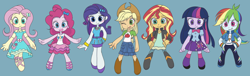 Size: 10744x3264 | Tagged: safe, artist:haibaratomoe, edit, character:applejack, character:fluttershy, character:pinkie pie, character:rainbow dash, character:rarity, character:sunset shimmer, character:twilight sparkle, g4, my little pony: equestria girls, my little pony:equestria girls, absurd resolution, applejack's hat, blue background, blushing, boots, chibi, clothing, cowboy hat, cute, denim skirt, diapinkes, digital art, dress, female, freckles, hat, humane five, humane seven, humane six, jackabetes, leg warmers, looking at you, miniskirt, moe, one eye closed, open mouth, pleated skirt, ponytail, sandals, shoes, simple background, skirt, smiling, socks, stetson, twiabetes, wink