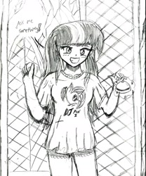 Size: 1700x2044 | Tagged: safe, artist:brekrofmadness, character:dj pon-3, character:twilight sparkle, character:vinyl scratch, species:human, episode:a trivial pursuit, g4, my little pony: friendship is magic, clothing, female, humanized, monochrome, scene interpretation, shirt, solo, traditional art