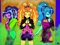 Size: 11600x8600 | Tagged: safe, artist:brekrofmadness, character:adagio dazzle, character:aria blaze, character:sonata dusk, episode:find the magic, g4, my little pony: equestria girls, my little pony:equestria girls, spoiler:eqg series (season 2), absurd resolution, clothing, dress, food, jacket, leather jacket, ponytail, shorts, taco, taco dress, the dazzlings, unleash the magic