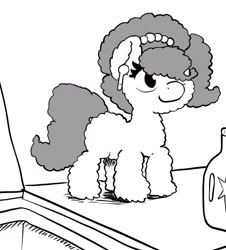 Size: 926x1024 | Tagged: safe, artist:muffinshire, oc, oc:brownie bun, species:pony, airpods, earbuds, everything went better than expected, fluffy, grayscale, lineart, monochrome, solo, washing machine