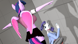 Size: 3840x2160 | Tagged: safe, artist:evehly, artist:trailssfm, character:rarity, character:twilight sparkle, species:anthro, 3d, asserting dominance, clothing, dominance, midriff, miniskirt, pantyhose, plaid skirt, pleated skirt, scared, shadow, skirt, source filmmaker, stockings, t pose, tail, terrified, thigh highs, wide eyes, wings