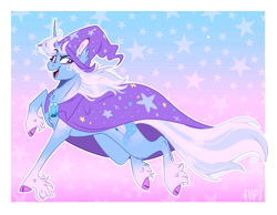 Size: 1459x1132 | Tagged: safe, artist:wanderingpegasus, character:trixie, species:pony, species:unicorn, abstract background, cape, clothing, cloven hooves, curved horn, cutie mark, female, hat, horn, looking at you, mare, open mouth, running, smiling, solo, trixie's cape, trixie's hat, unshorn fetlocks