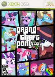 Size: 753x1062 | Tagged: safe, artist:nickyv917, character:maud pie, character:pinkamena diane pie, character:pinkie pie, character:rainbow dash, character:rarity, character:starlight glimmer, character:trixie, character:twilight sparkle, character:twilight sparkle (alicorn), species:alicorn, species:pony, alternate hairstyle, alternate timeline, angry, apinkalypse pie, apocalypse, apocalypse dash, apocalypse maud, armor, backpack, box art, clothing, cover, crystal war timeline, detective, detective rarity, flying, grand theft auto, gta v, hat, mature, megaradash, mike wazowski, party cannon, quiet, rainbow dash always dresses in style, rockstar games, s5 starlight, xbox 360