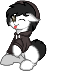 Size: 500x600 | Tagged: safe, alternate version, artist:zeka10000, base used, oc, oc only, oc:mod pone the mod, species:earth pony, species:pony, beanie, cheeks, clothing, cute, hat, hoodie, looking at you, male, no pupils, one eye closed, raised hoof, request, simple background, sitting, stallion, tongue out, transparent background, wink