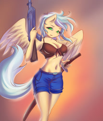 Size: 1100x1283 | Tagged: safe, artist:derpifecalus, oc, species:anthro, species:pegasus, species:pony, breasts, cleavage, clothing, female, gun, shorts, sword, tail, weapon, wings