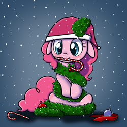 Size: 5000x5000 | Tagged: safe, artist:maplesunrise, artist:quasdar, character:pinkie pie, absurd resolution, ask snuggle pie, candy, candy cane, christmas, christmas ornament, clothing, cute, decoration, diapinkes, female, hat, holly, mouth hold, ornament, santa hat, snow, snowfall, solo, tinsel