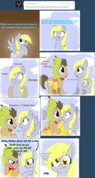 Size: 1204x2254 | Tagged: safe, artist:naomiknight17, artist:sonusventorum, character:derpy hooves, character:doctor whooves, character:time turner, species:earth pony, species:pegasus, species:pony, lovestruck derpy, episode:one bad apple, g4, my little pony: friendship is magic, cheese, cheese hat, clothing, costume, drunk, female, food, hat, male, mare, pear, pear hat, stallion, tumblr comic