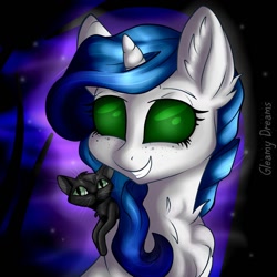 Size: 894x894 | Tagged: safe, artist:gleamydreams, oc, oc only, oc:gleamy, species:pony, species:unicorn, black cat, creepy, halloween, holiday, looking at you, smiling, smiling at you, solo