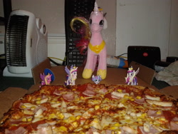 Size: 2560x1920 | Tagged: safe, artist:westrail642fan, character:princess cadance, character:princess flurry heart, species:alicorn, species:pony, domino's pizza, food, ham, heater, irl, keyboard, meat, merchandise, peetzer, photo, pizza, router, that pony sure does love pizza