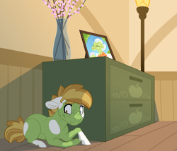 Size: 2891x2480 | Tagged: safe, artist:jackiebloom, character:granny smith, oc, oc:maria ann smith, parent:apple bloom, parent:pipsqueak, parents:pipbloom, species:earth pony, species:pony, female, filly, offspring, photo, piebald colouring, socks (coat marking), solo