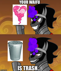 Size: 500x580 | Tagged: safe, artist:bamboodog, edit, edited screencap, screencap, character:king sombra, character:pinkie pie, species:pony, episode:the beginning of the end, g4, my little pony: friendship is magic, background pony strikes again, downvote bait, evil grin, funny, grin, heart pony, meme, op is a duck, op is trying to start shit, smiling, your waifu is trash