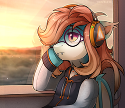 Size: 2240x1928 | Tagged: safe, artist:trickate, oc, oc only, oc:sweet riot, species:bat pony, species:pony, bat pony oc, bus, clothing, fangs, glasses, headphones, hoodie, solo, sunset, train, trip