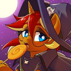 Size: 900x900 | Tagged: safe, artist:renokim, oc, oc:city roast, species:pony, species:unicorn, blue eyes, candy, clothing, costume, food, full moon, glasses, halloween, halloween costume, hat, icon, licking, lollipop, male, moon, night, tongue out, witch hat