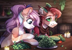 Size: 680x480 | Tagged: safe, artist:trickate, oc, oc only, species:pony, bottle, candle, chest fluff, ear fluff, female, green eyes, leaves, multicolored hair, pale belly, smiling, table