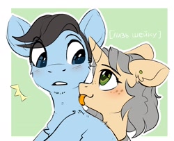 Size: 2470x2008 | Tagged: safe, artist:trickate, oc, oc:tony loser, oc:trickate, species:pony, species:unicorn, blue eyes, ear piercing, female, freckles, green eyes, male, neck licking, piercing, simple background, straight, surprised, tonate, tongue out